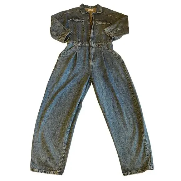 Free People We The Free Western Denim Zip Up Long Sleeve Straight Leg Jumpsuit M - Picture 3 of 15